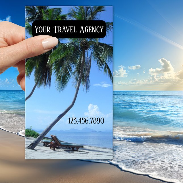 Agência de Viagem Tropical Cartão de visita (Business card featuring a palm tree at the beach - travel agency - travel - tropical - beach)