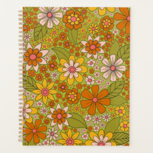 Agenda 1960, 1970 Retro Floral Verde e Laranja
