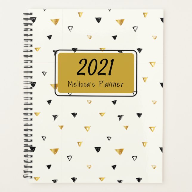 Agenda 2021 Padrão Geométrico Dourado e Preto Personaliza (Frente)