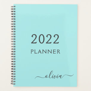 Agenda 2022 Aqua Blue Teal Girly Script Monograma Name