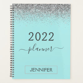 Agenda 2022 Azul Água Brilho Azul Teal Monograma Feminino