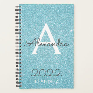 Agenda 2022 Azul Teal Brilho Glitter Monograma