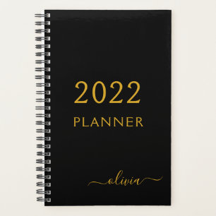 Agenda 2022 Black Dourado Girly Script Monograma Name Mod