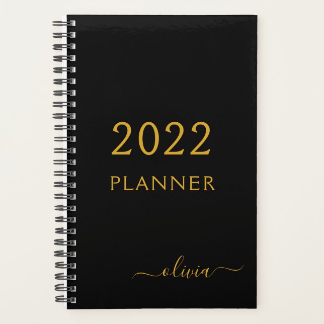 Agenda 2022 Black Dourado Girly Script Monograma Name Mod (Frente)