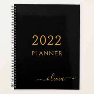 Agenda 2022 Black Dourado Girly Script Monograma Name Mod