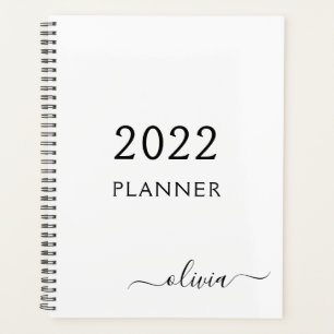 Agenda 2022 Black White Girly Script Monograma Nome Moder