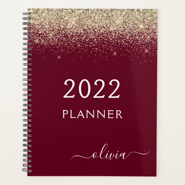 Agenda 2022 Burgundy Dourada Glitter Girly Monograma Glam (Frente)