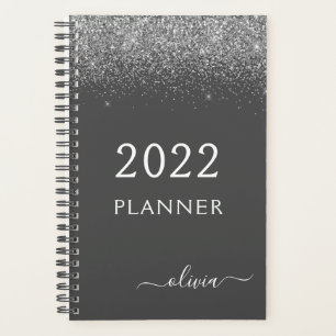Agenda 2022 Cinza Prateado Glamour Monograma Nome