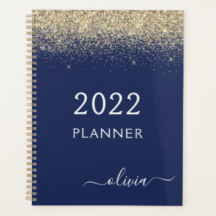 Agenda 2022 Dourado Azul Marinho Brilho Brilho Glam Monog