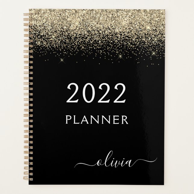Agenda 2022 Dourado Preto Brilho Glam Monograma (Frente)