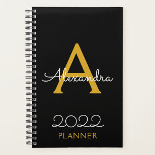 Agenda 2022 Dourado Preto Monograma Elegante