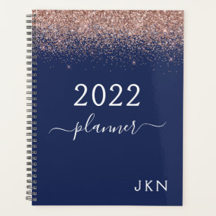 Agenda 2022 Dourado Rosa Azul Marinho Brilho Monograma