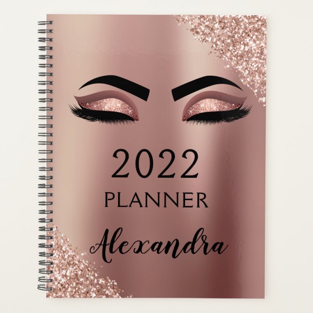 Agenda 2022 Dourado Rosa Glitter Cílios Monograma Rosa (Frente)