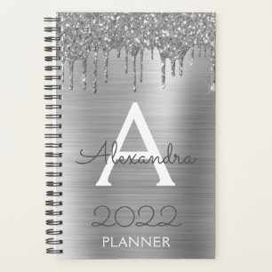 Agenda 2022 Glitter Prateado Glam Monograma Moderno