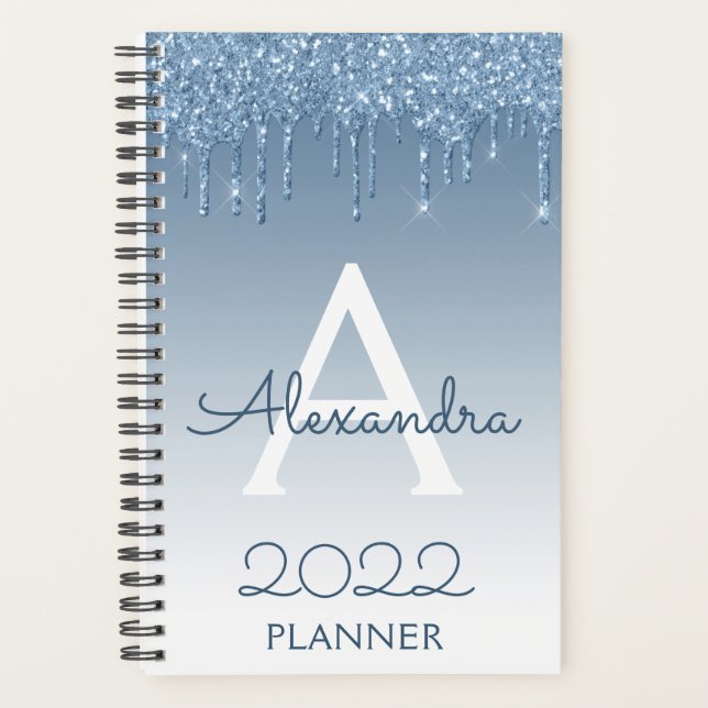 Agenda 2022 Monograma com Brilho Azul e Gotas (Frente)