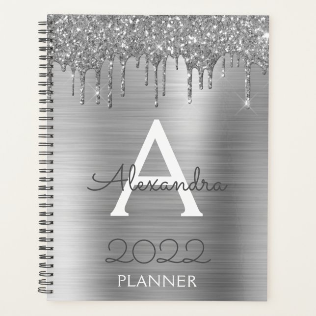Agenda 2022 Monograma Moderno Glam Glitter Prata (Frente)