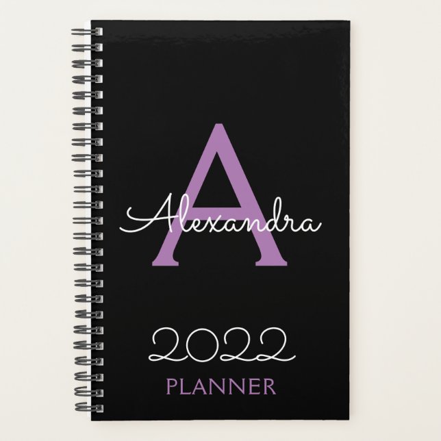 Agenda 2022 Monograma preto roxo Elegante (Frente)