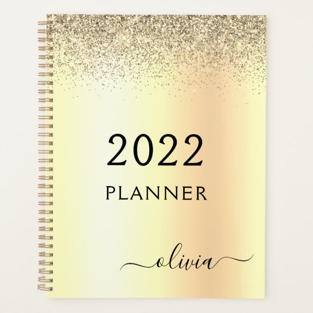 Agenda 2022 Nome do Glam Monograma Dourado Glitter Metal (Frente)
