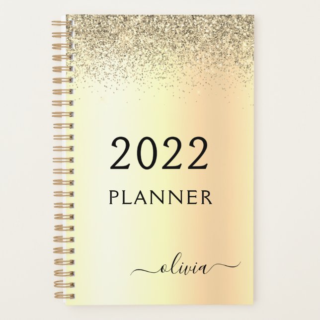 Agenda 2022 Nome do Glam Monograma Dourado Glitter Metal (Frente)
