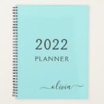 Agenda 2022 Nome em Monograma de Letra Cursiva Azul Água<br><div class="desc">Planejador de Eventos de Casamento de Calendário 2021 de Monograma Azul Água 2022 com Nome Personalizado em Letra Cursiva. Isso torna um presente perfeito para alguém que ama luxo e estilos chiques para aniversário de 16 anos, casamento, chá de noiva, aniversário de casamento, chá de bebê ou despedida de solteira....</div>