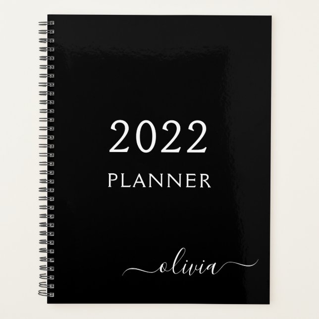 Agenda 2022 Preto Branco Feminino Script Monograma Nome M (Frente)