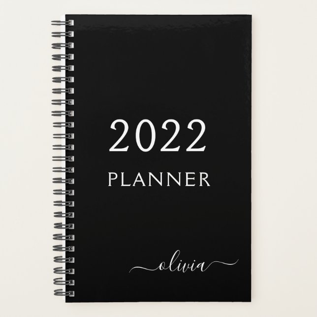 Agenda 2022 Preto Branco Script Monograma Nome Moderno Fe (Frente)