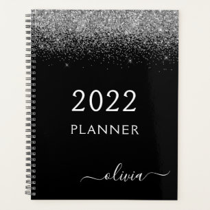 Agenda 2022 Preto Brilho Prata Monograma Luxo Moderno