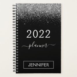 Agenda 2022 Silver Black Glitter Monograma Girly