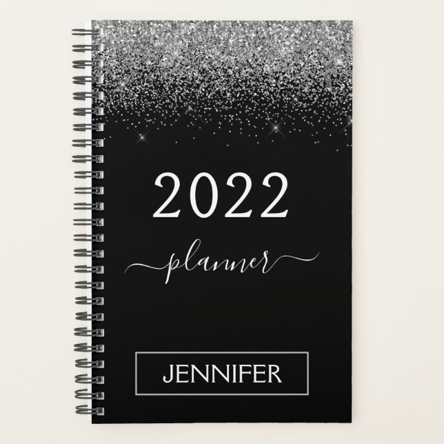 Agenda 2022 Silver Black Glitter Monograma Girly (Frente)