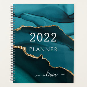Agenda 2022 Teal Aqua Blue Gold Agate Geode Script