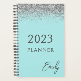 Agenda 2023 Azul Aquamarina Prata Brilho Monograma