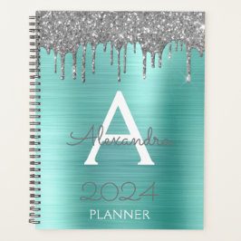 Agenda 2023 Monograma Brilhante Azul Água Azul Teal Prata