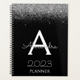 Agenda 2023 Preto Glitter Monograma Luxo Moderno Prata