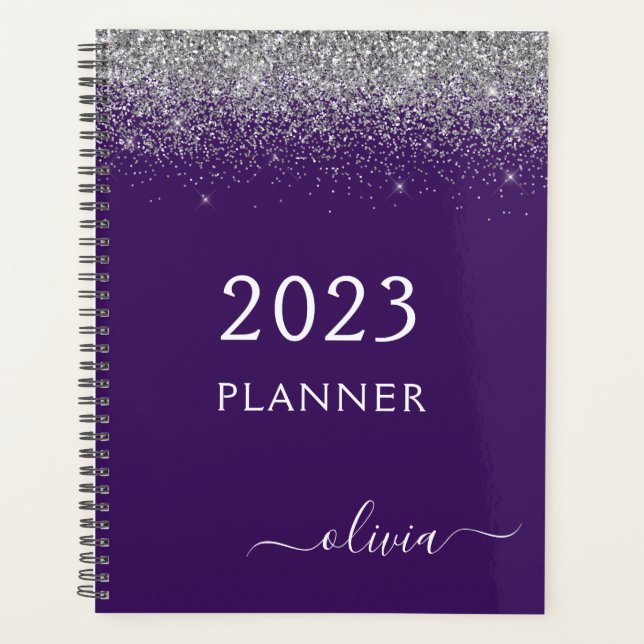 Agenda 2023 Silver Purple Glitter Sparkle Monogram (Frente)