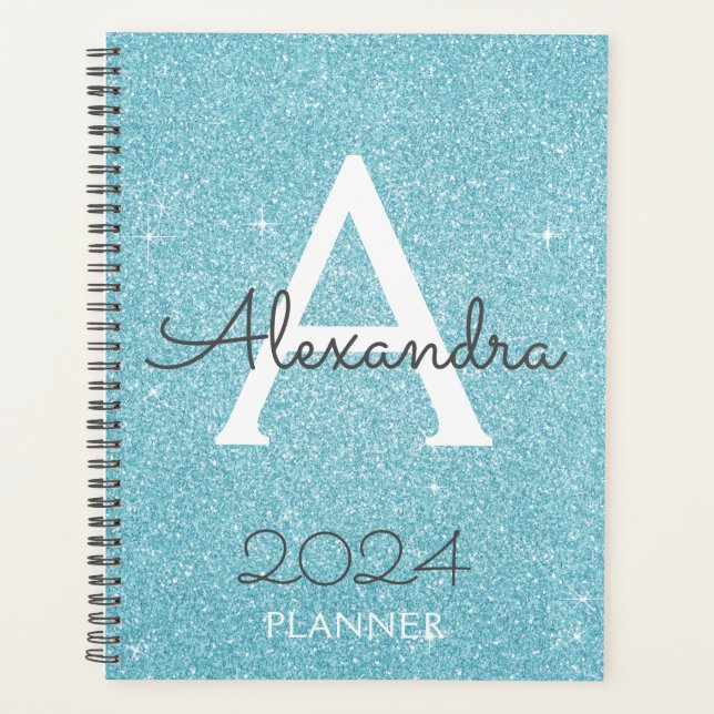 Agenda 2024 Azul Teal Brilho Glitter Monograma (Frente)