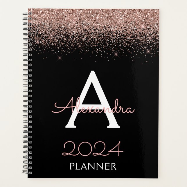 Agenda 2024 Dourado Rosa - Monograma com Glitter Rosa Beg (Frente)