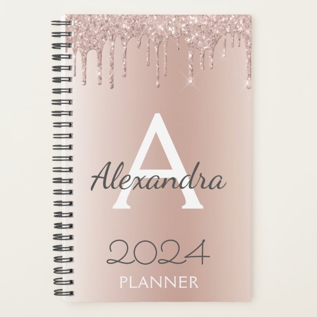 Agenda 2024 Dourado Rosa - Monograma Glitter Rosa Beijinh (Frente)