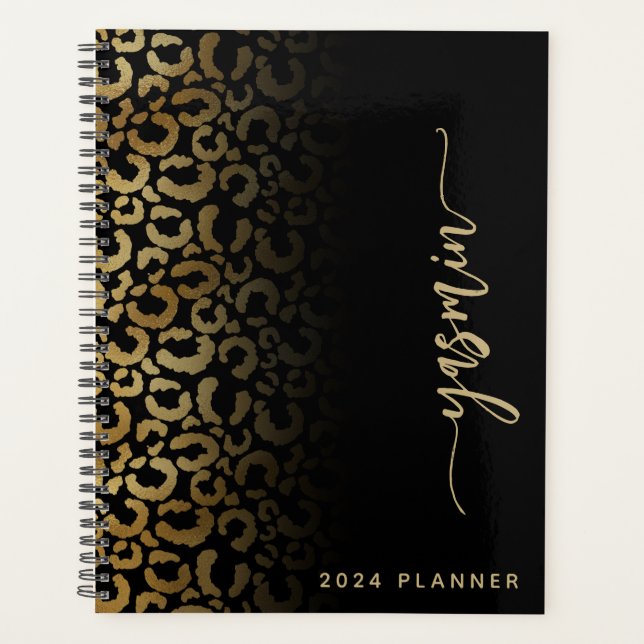 Agenda 2024 Manchas-leopardo Douradas e Pretas Personaliz (Frente)