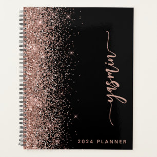 Agenda 2024 Rosa preto personalizado com brilho Dourado