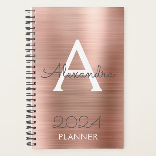 Agenda 2024 Rose Gold Brilho Rosa Monograma (Frente)