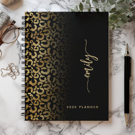 Agenda 2025 Personalizado Preto Dourado Manchas de Leopar