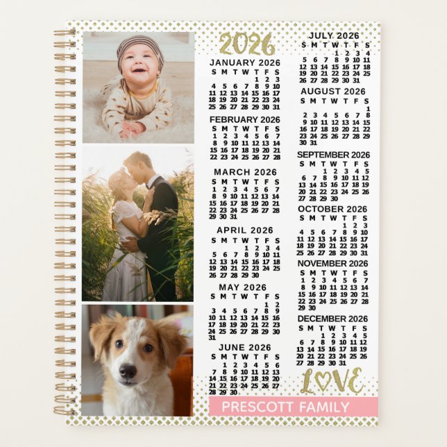 Agenda 2026 Calendar Blush Pink Gold Family Photo Collage (Frente)