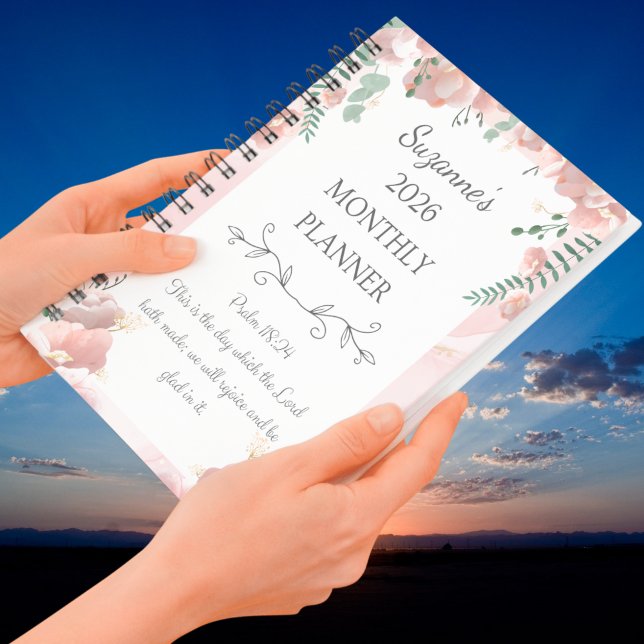 Agenda 2026 - Cristão de Salmo Floral Rosa Personalizado (Personalized 2026 Pink Floral Psalm Christian Planner)