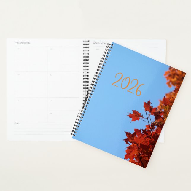 Agenda "2026" Red Maple Leaves  Blue Background (Exibição)