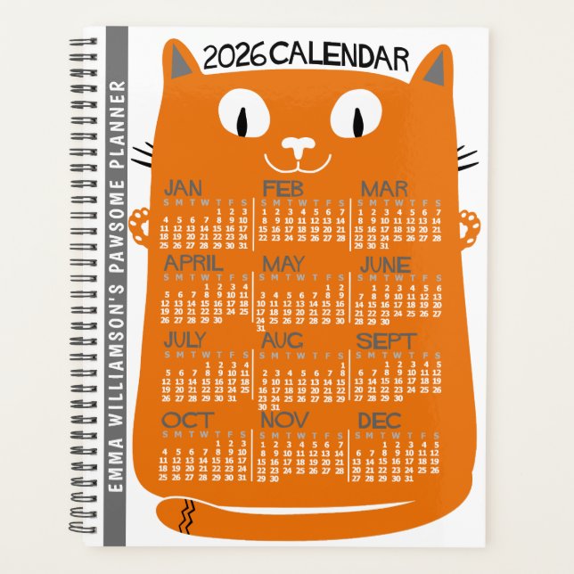 Agenda 2026 Year Monthly Calendar Mid-Century Orange Cat (Frente)
