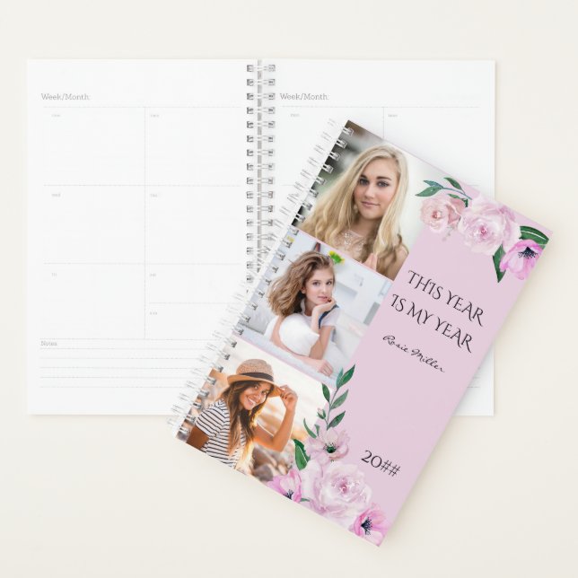 Agenda 3 Foto rosa personalizada Floral 2023 (Exibição)