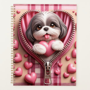Agenda 3D Shih Tzu em um fundo rosa e branco