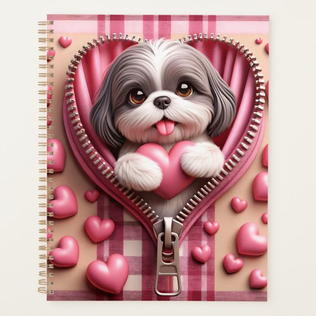 Agenda 3D Shih Tzu em um fundo rosa e branco (Frente)
