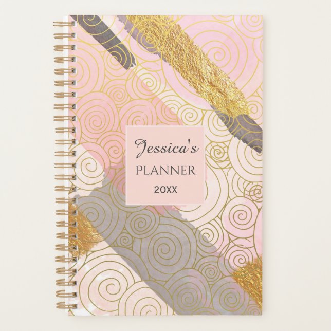 Agenda Abstract Gold Stripes and Pink Swirls Personalised (Frente)