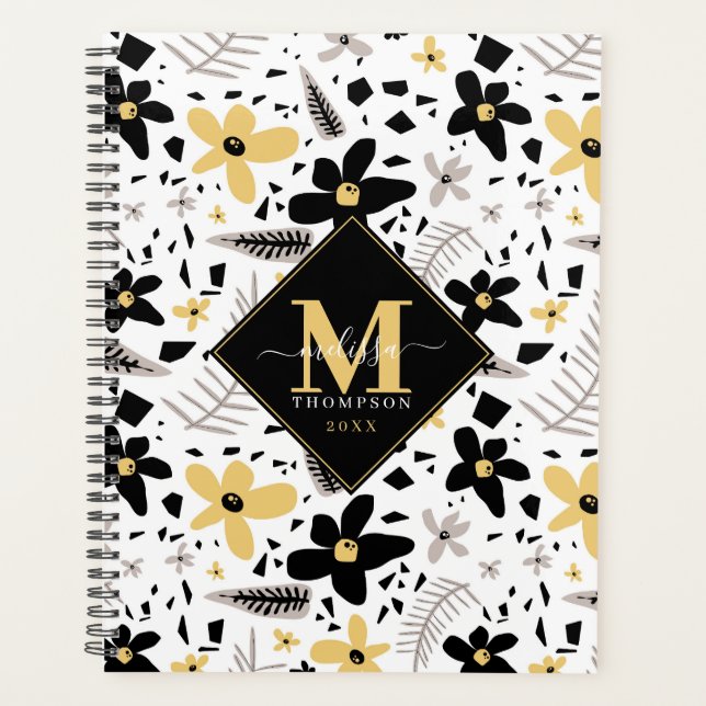 Agenda Abstrato Black Yellow Cinza Floral Sem Costura Pad (Frente)